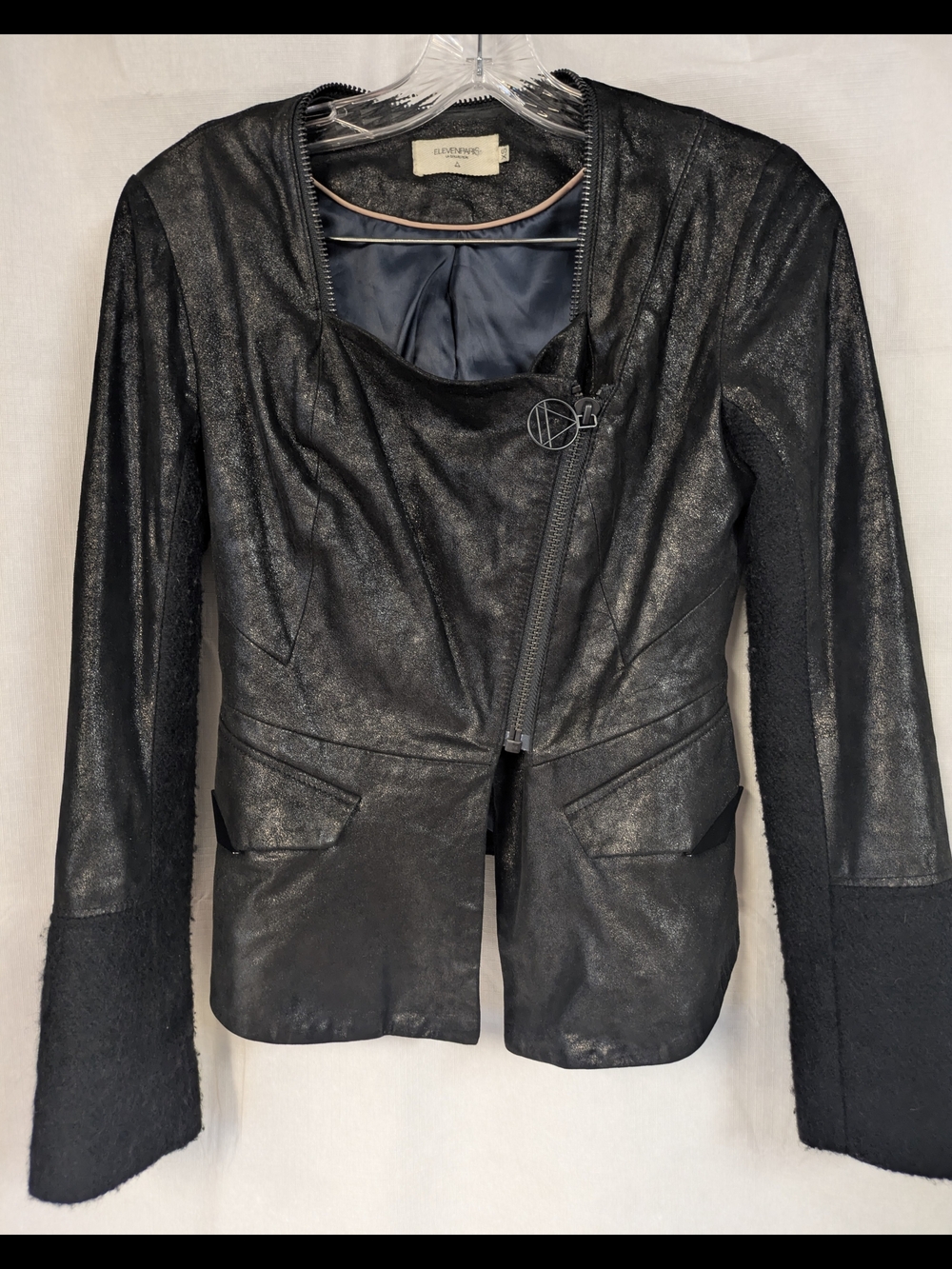 Eleven Paris Black Asymmetric Zip Leather And Wool Jacket XS